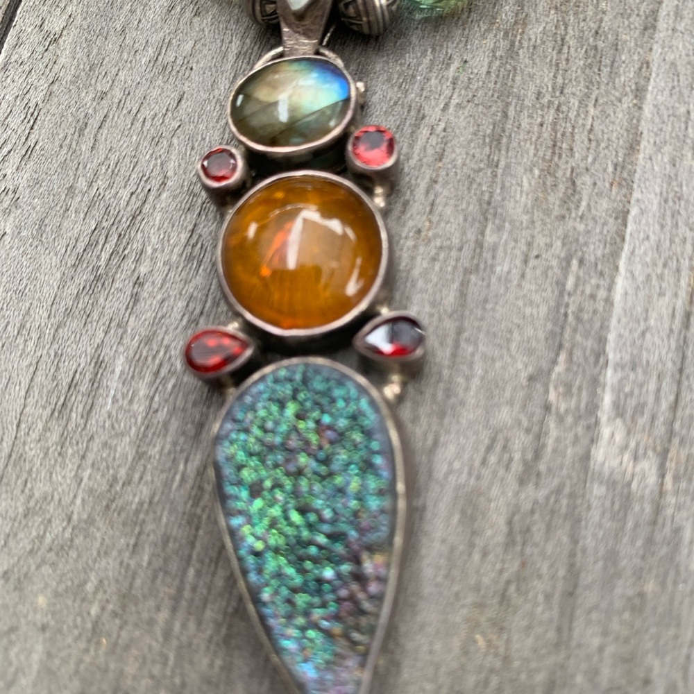Vintage Multicolor Laborite, Pyrite, Amber, Garnet, AmberPendant Necklace